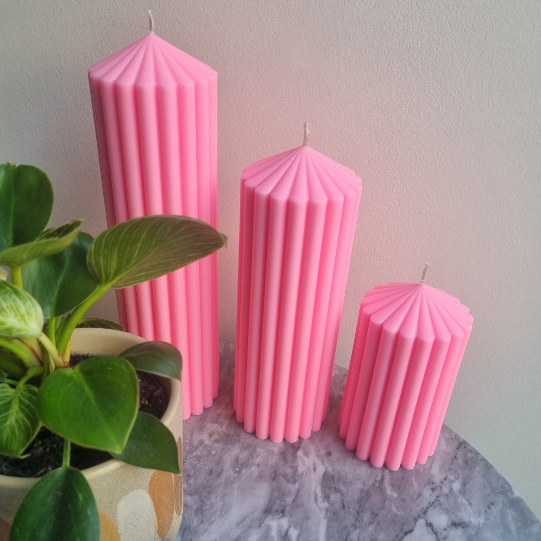 Pink Ribbed Pillar Candle Decor Set